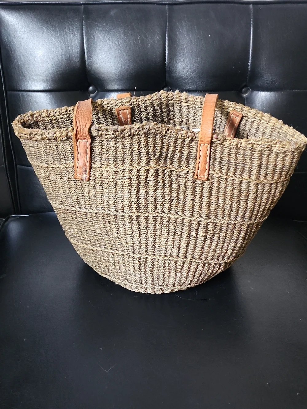African Woven Sisel Jute Leather Strap Large Market Tote Purse Bag Vintage - Picture 2 of 11